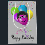 Funny Birthday Balloon Face on Gray Mittlere Geschenktüte<br><div class="desc">Farbenfrohe Konfetti- und Geburtstagsballons mit kinkigem Haar und Gläsern auf grauem Hintergrund. Die Hintergrundfarbe kann geändert werden.</div>
