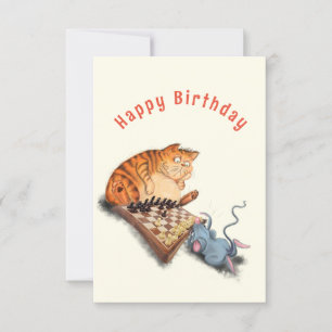 Funny Birthday Card Cat and Mouse Playing Schach Karte