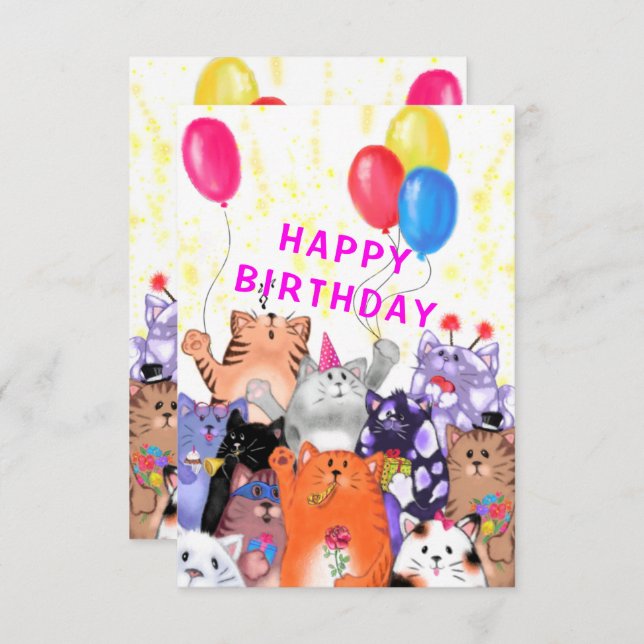Funny Birthday Card Happy Cat Party (Vorne/Hinten)