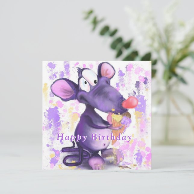 Funny Birthday Card Happy Mouse Eat Ice Cream (Stehend Vorderseite)