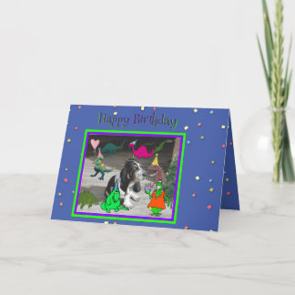 Funny Birthday Card mit Dinosauriern & Basset Houn Karte