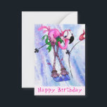 Funny Birthday Card mit rosa Flamingo Skier Mitteilungskarte<br><div class="desc">Glückliche Geburtstagskarte mit Funny Pink Flamingo Skier - Cartoon Zeichnend Comic Spaß glücklicher Vogel - Wählen / Fügen Sie Ihren einzigartigen Text / Name / Farbe - Make Your Special Gift - Neu vergrössern und verschieben oder entfernen und fügen Sie Elemente / Bild mit Anpassungs-Tool! - Zeichn und Design von...</div>