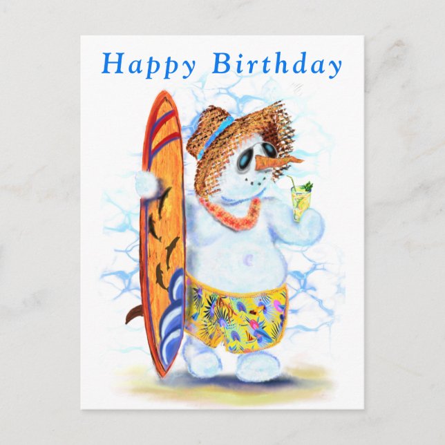 Funny Birthday Card mit Snowman Surfer Postkarte (Vorderseite)