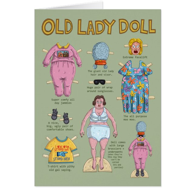 FUNNY Birthday Card Old Lady Paper Doll (Vorne)