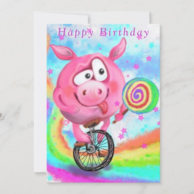 Funny Birthday Card Pig Cyclist Licks Lollipop (Vorderseite)