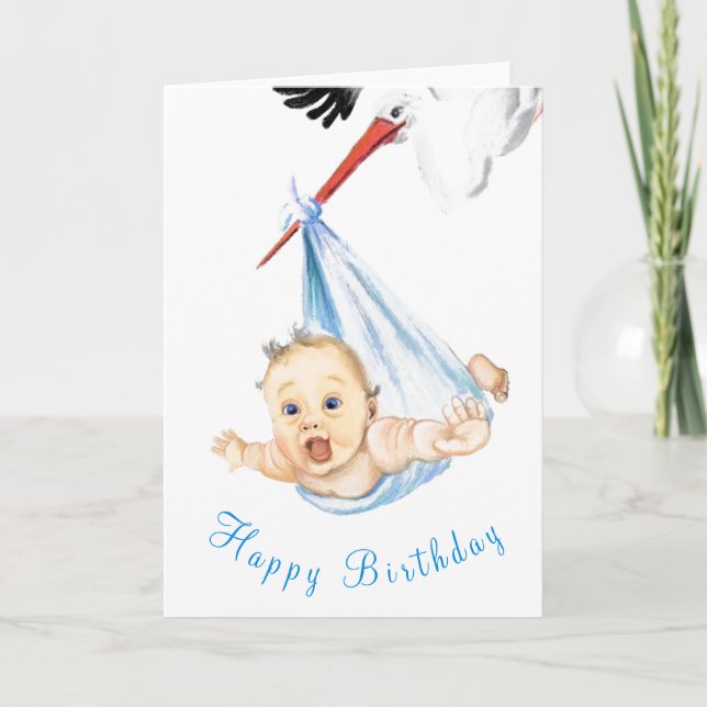 Funny Birthday Card Storch Carry Baby Karte (Vorderseite)