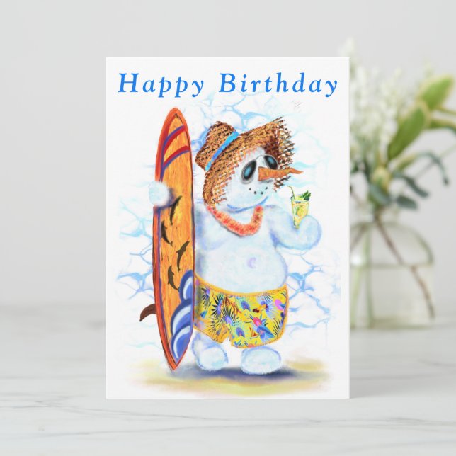 Funny Birthday Card Summer Snowman Surfer (Stehend Vorderseite)