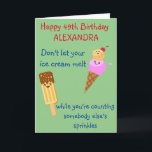 Funny Birthday Ice Cream Sprinkles Spaß Kawaii Karte<br><div class="desc">Eiscreme macht immer Spaß und wir alle Liebe die Sprinklen! Cheeky Retro kawaii Stil Spaß Geburtstag Grußkarte mit Eis,  Kegel und Popsikel. Leicht personalisiert für jedes Jahr und jeden Namen mit der Vorlage.</div>