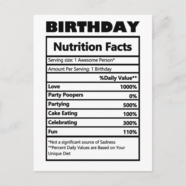 Funny Birthday Nutrition Facts Postcard Postkarte (Vorderseite)