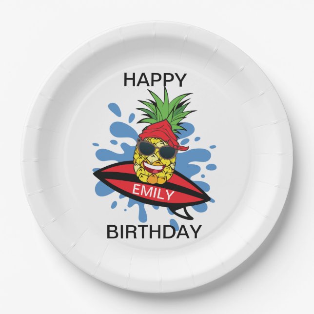 Funny Birthday Surfing Ananas Pappteller (Vorderseite)