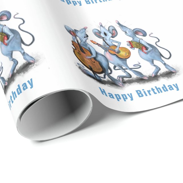 Funny Birthday Wrapping Paper Musical Mouse Band Geschenkpapier (Rolleneckpunkt)