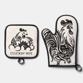 Funny Black and White Chicken Ofenhandschuh & Topflappen-Set