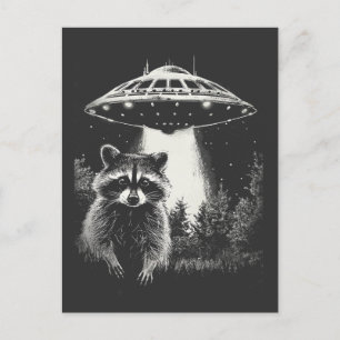 Funny Black and White Space Raccoon UFO Postkarte