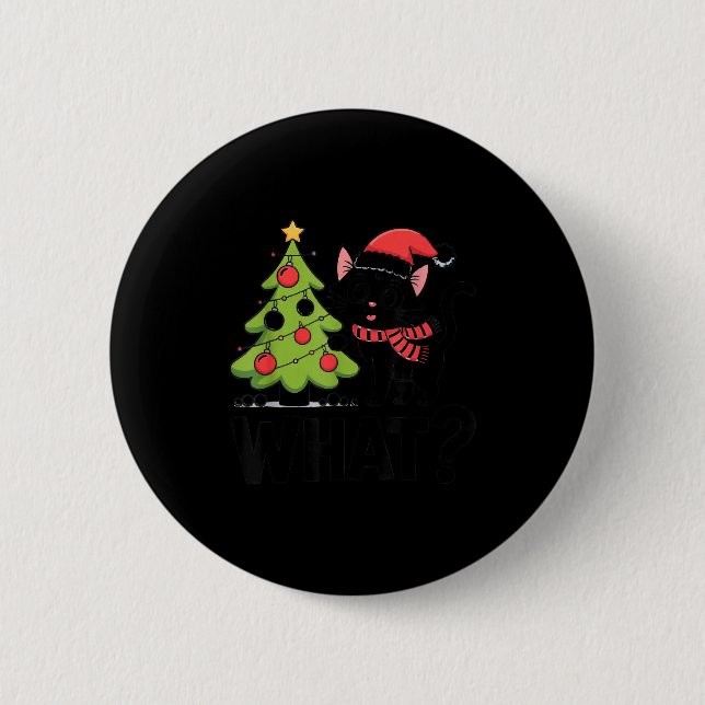 Funny Black Ca Pushing Christmas Tree Over Cat Wha Button (Vorderseite)