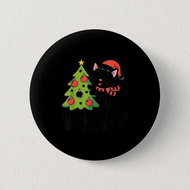 Funny Black Ca Pushing Christmas Tree Over Cat Wha Button (Vorderseite)