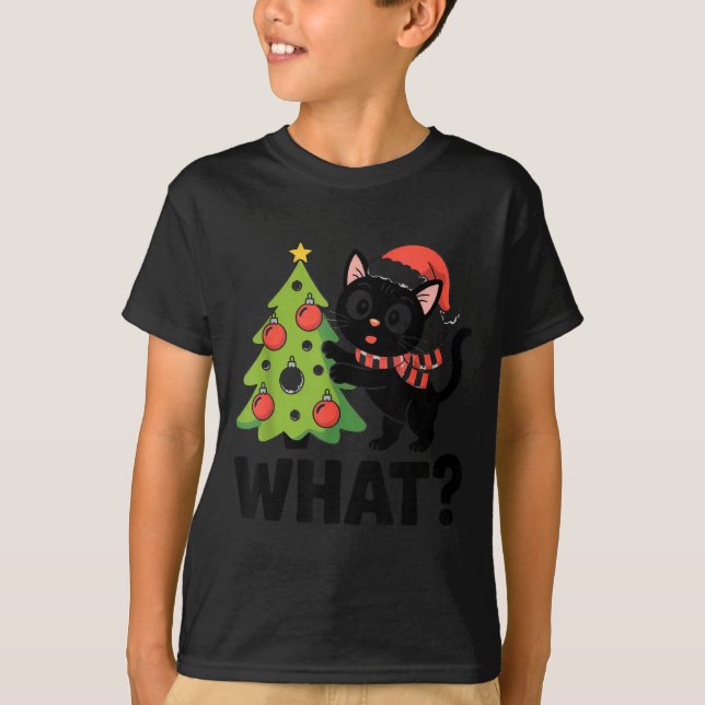 Funny Black Ca Pushing Christmas Tree Over Cat Wha T-Shirt (Vorderseite)