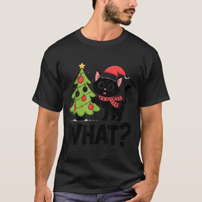 Funny Black Ca Pushing Christmas Tree Over Cat Wha T-Shirt (Vorderseite)