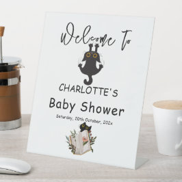 Funny Black Cat and Book Baby Dusche Willkommen Sockelschild