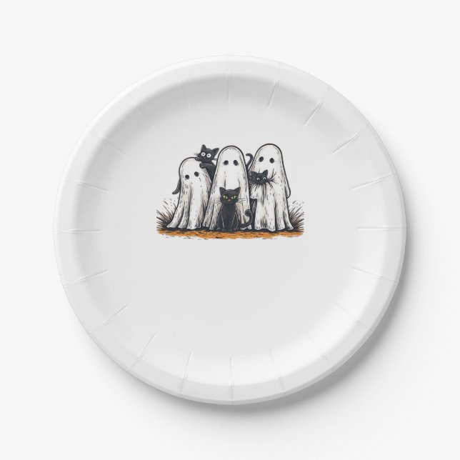 Funny Black Cat and Ghost Halloween Essential T-Sh Pappteller (Vorderseite)