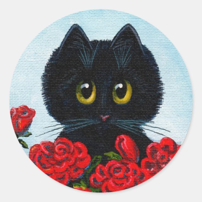Funny Black Cat Art Rose Runder Aufkleber (Vorderseite)
