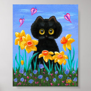 Funny Black Cat Art Spring Daffodils Creationarts Poster