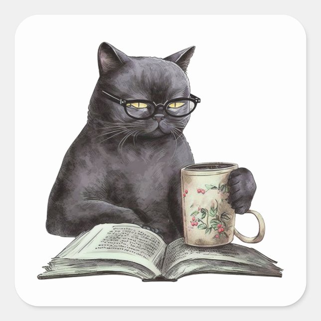 Funny Black Cat Book Lover Bookworm Kaffee Reading Quadratischer Aufkleber (Vorderseite)