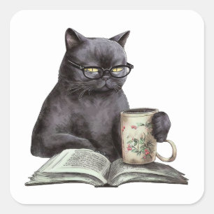 Funny Black Cat Book Lover Bookworm Kaffee Reading Quadratischer Aufkleber