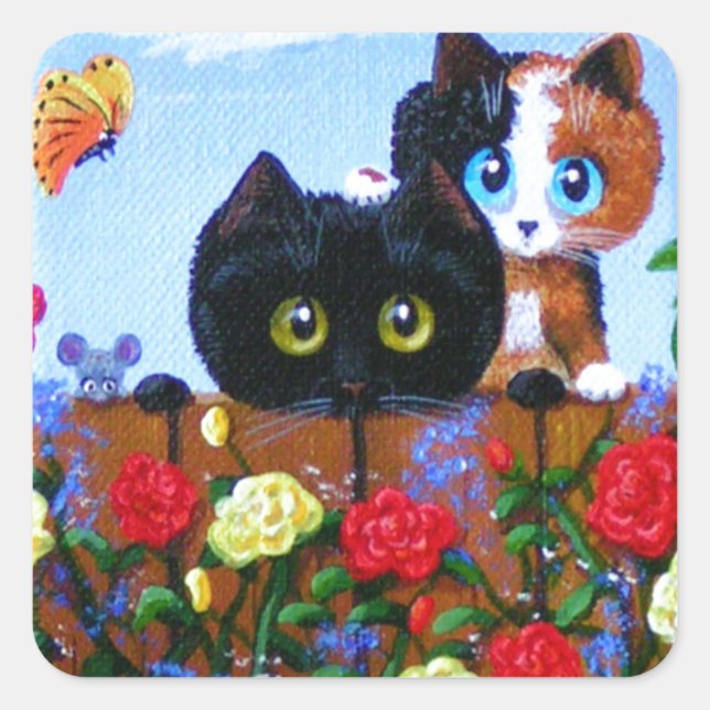 Funny Black Cat Calico Butterfly Creationarts Quadratischer Aufkleber (Vorderseite)