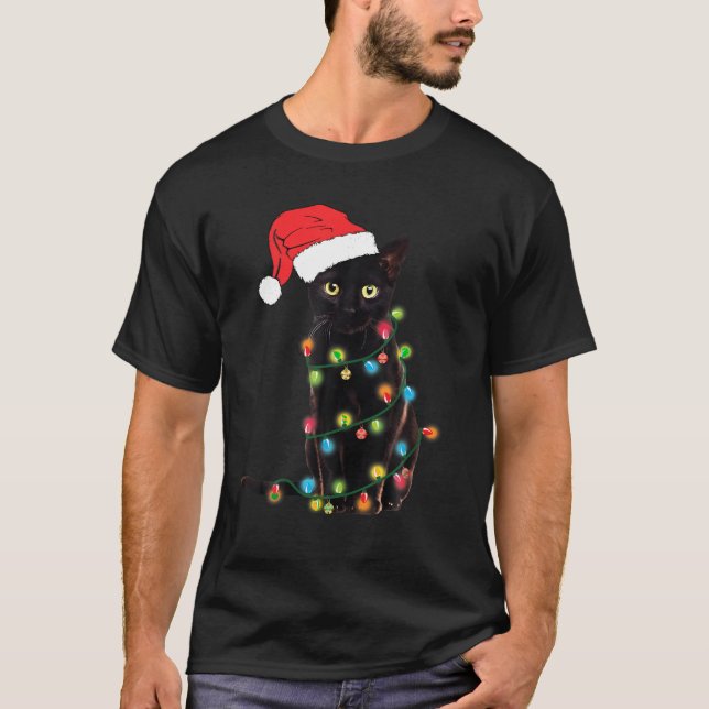 Funny Black Cat Christmas Light Funny Cat Lover Ch T-Shirt (Vorderseite)