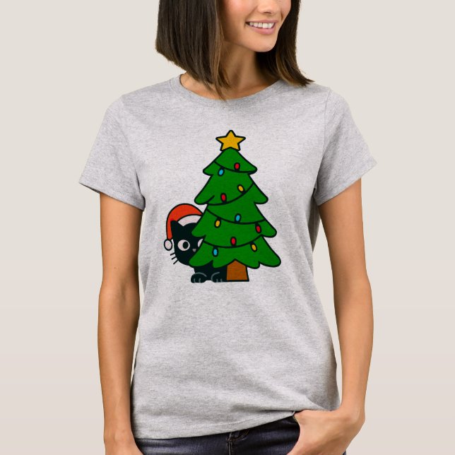 Funny Black Cat Christmas Tree Lights Kitty Xmas T-Shirt (Vorderseite)
