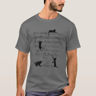 Funny Black Cat Climbing Musiknote T-Shirt