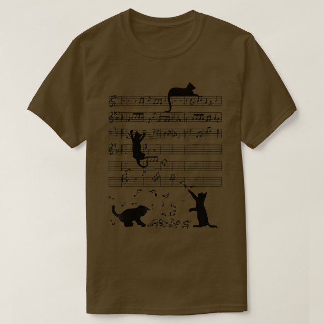 Funny Black Cat Climbing Musiknote T-Shirt (Design vorne)