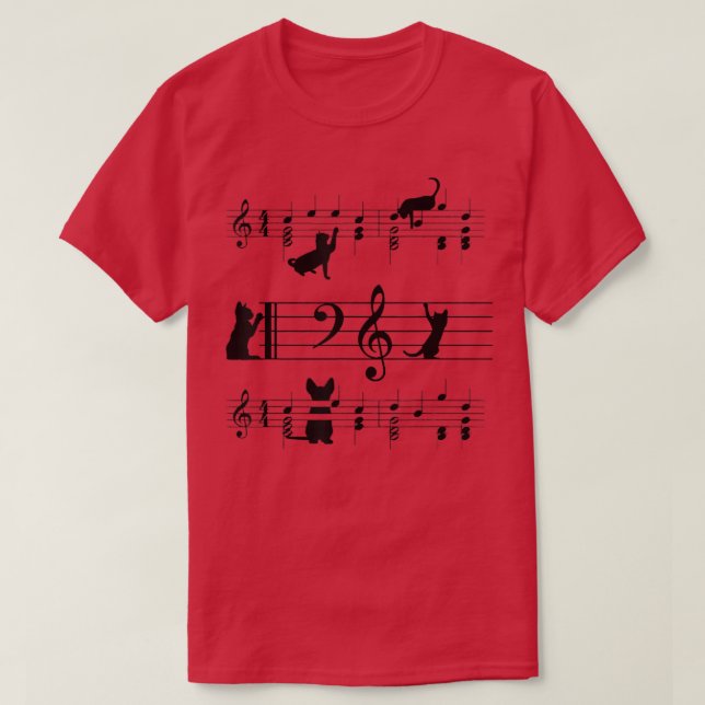 Funny Black Cat Climbing Playing Sheet Music Note  T-Shirt (Design vorne)