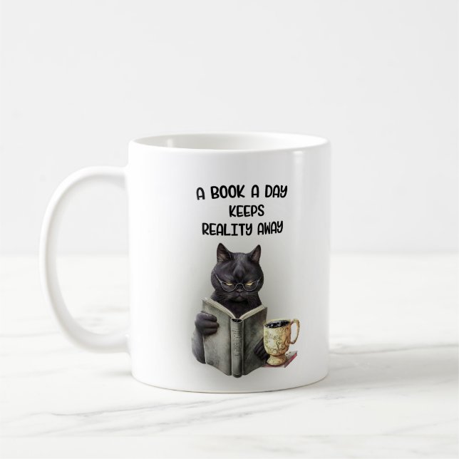 Funny Black Cat Coffee Book Day Behalte Realität w Kaffeetasse (Links)