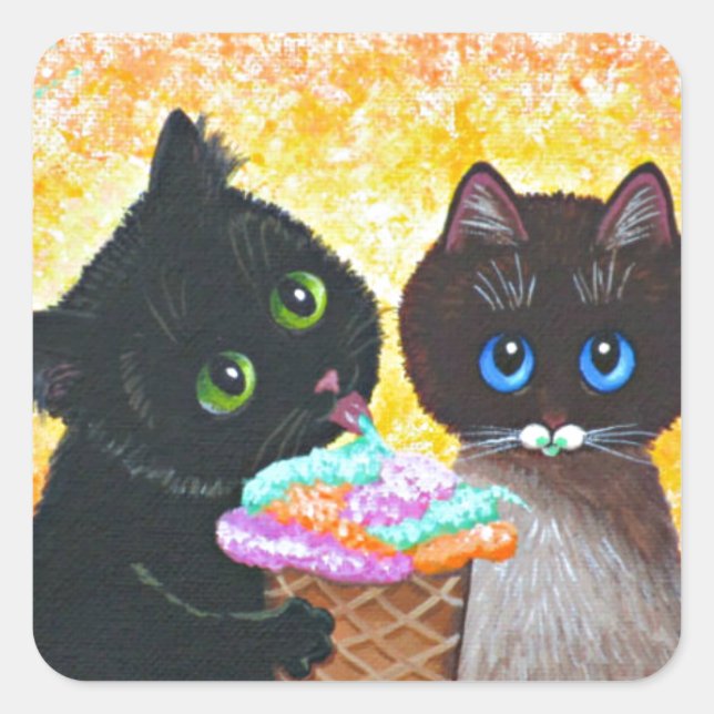 Funny Black Cat Creationarts Square Sticker (Vorderseite)
