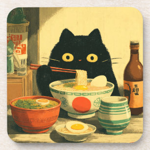 Funny Black Cat Eating Ramen Getränkeuntersetzer