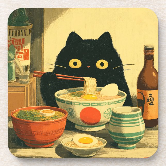 Funny Black Cat Eating Ramen Getränkeuntersetzer (Vorderseite)