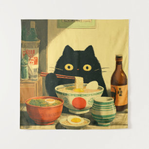 Funny Black Cat Eating Ramen   Japanisch Vintag Wandteppich