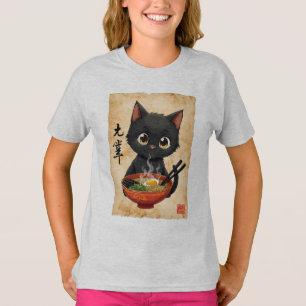 Funny Black Cat Eating Ramen Niedlich Japanisch Ka T-Shirt