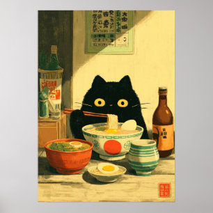 Funny Black Cat Eating Ramen Poster