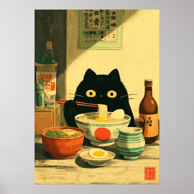 Funny Black Cat Eating Ramen Poster (Vorne)
