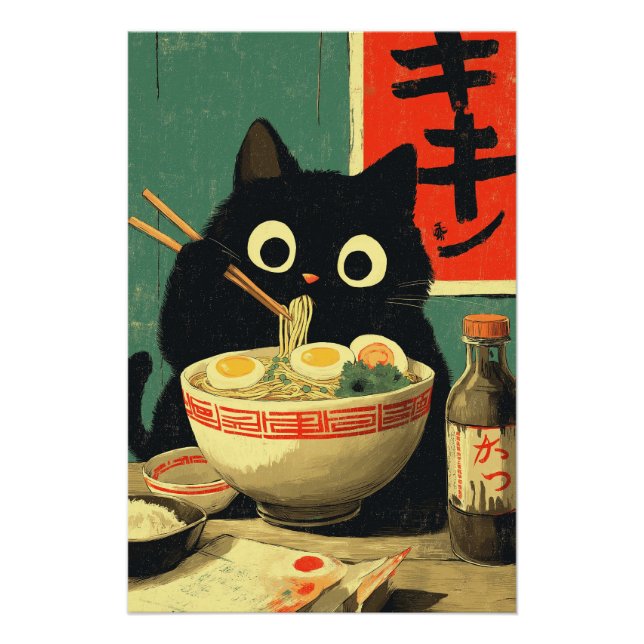 Funny Black Cat Eating Ramen Poster (Vorderseite)