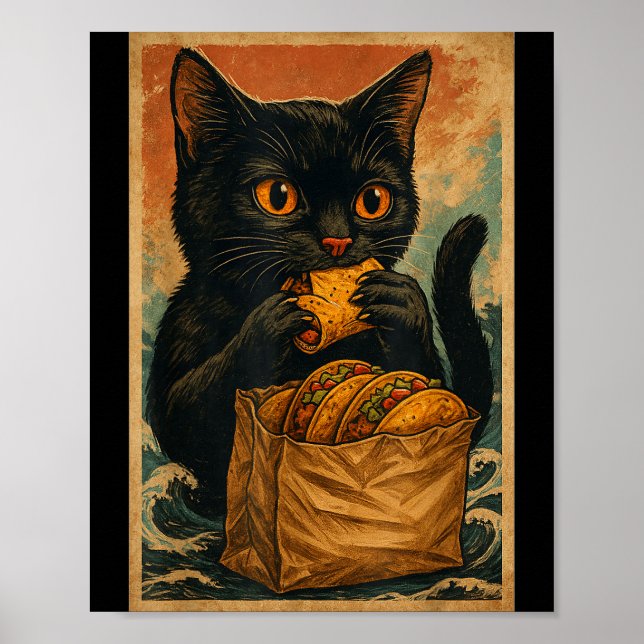 Funny Black Cat Eating Tacos Retro Japanese  Poster (Vorne)