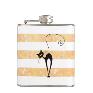Funny Black Cat elegante glänzende Streifen Girly Flachmann