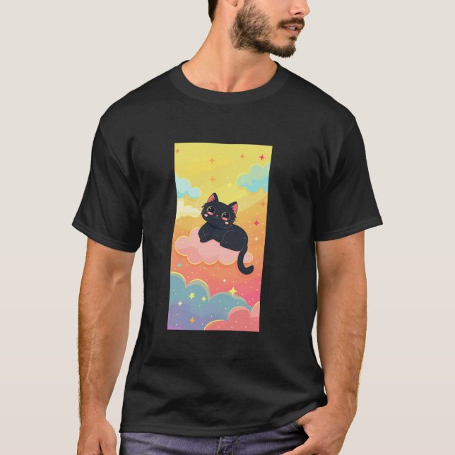 Funny Black Cat farbenfrohe Wolken Niedlich Kawaii T-Shirt (Vorderseite)