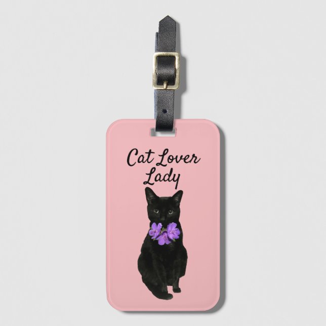 Funny Black Cat Foto Pink Custom Gepäckanhänger (Vorderseite Vertikal)