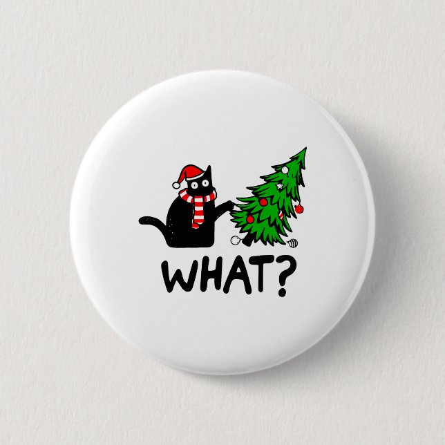 Funny Black Cat Geschenk Pushing Weihnachtsbaum üb Button (Vorderseite)