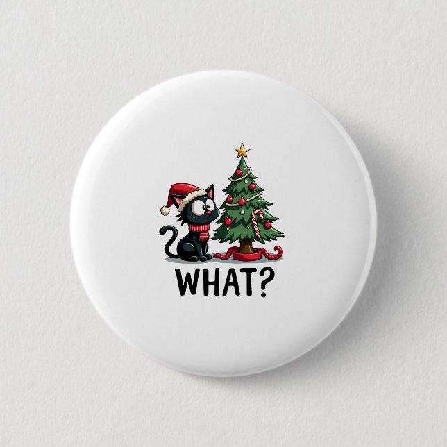 Funny Black Cat Geschenk Pushing Weihnachtsbaum üb Button (Vorderseite)