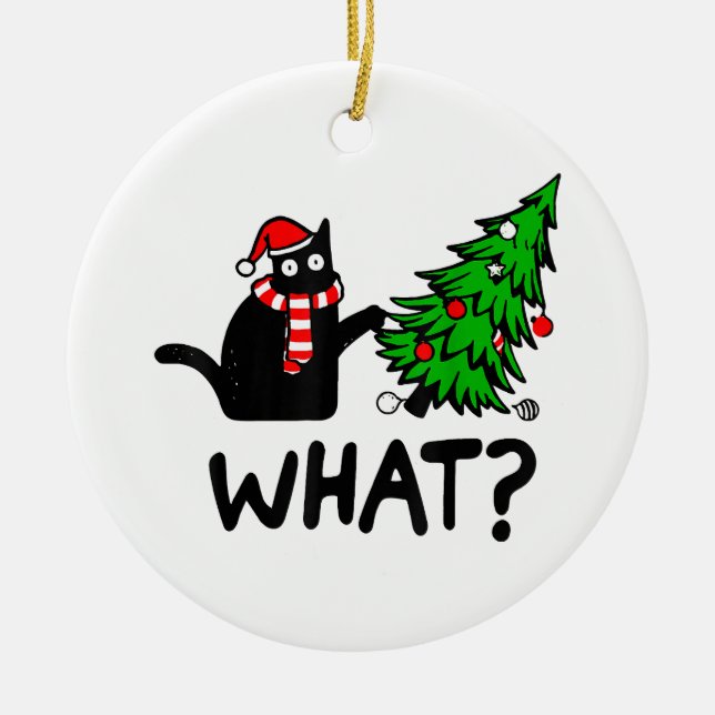 Funny Black Cat Geschenk Pushing Weihnachtsbaum üb Keramik Ornament (Vorne)