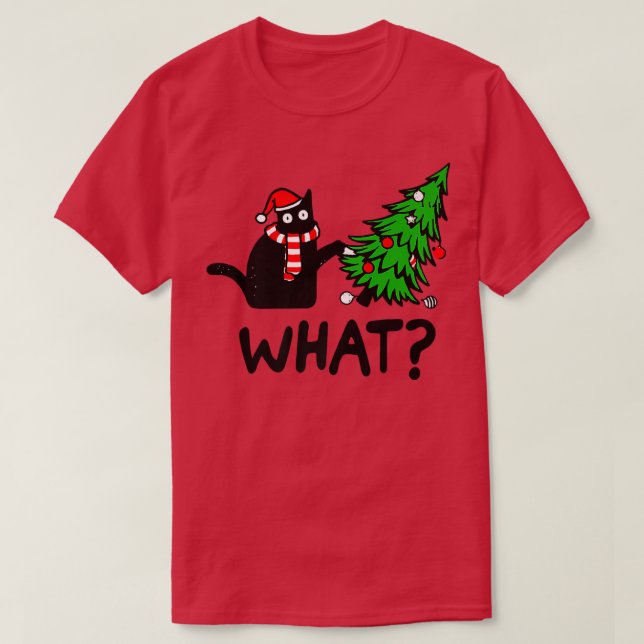 Funny Black Cat Geschenk Pushing Weihnachtsbaum üb T-Shirt (Design vorne)